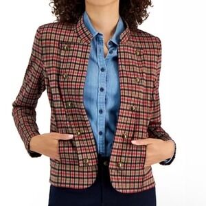 Tommy Hilfiger Women's Plaid Print Band Jacket - Blazer Red Navy Tan Size M